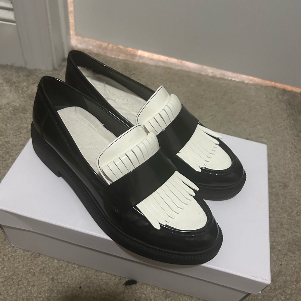 Marc Fisher Black and White Moccasins with Chunky Sole